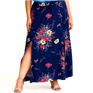 Torrid navy with floral maxi skirt with double slit. Size 1x.